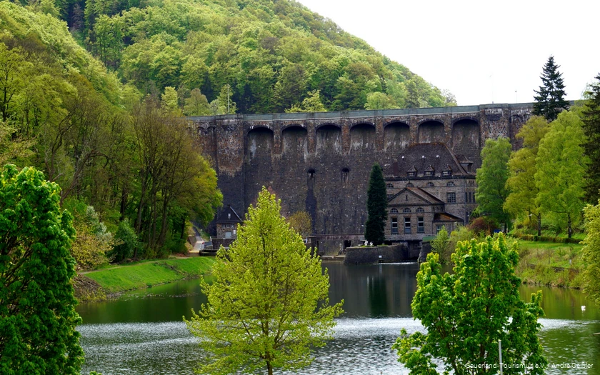 Der Diemelsee und seine Staumauer im Frühling umringt von Bäumen, deren Blätter verschiedenste Grüntöne haben.