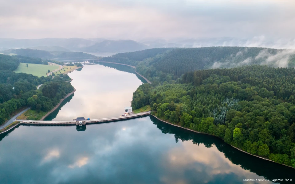Drohnenaufnahme des Biggesees mit der Staumauer, glattem Wasser und uppigen Wäldern am Ufer in saftigen Grüntönen. Vom Wald steigt Nebel auf.